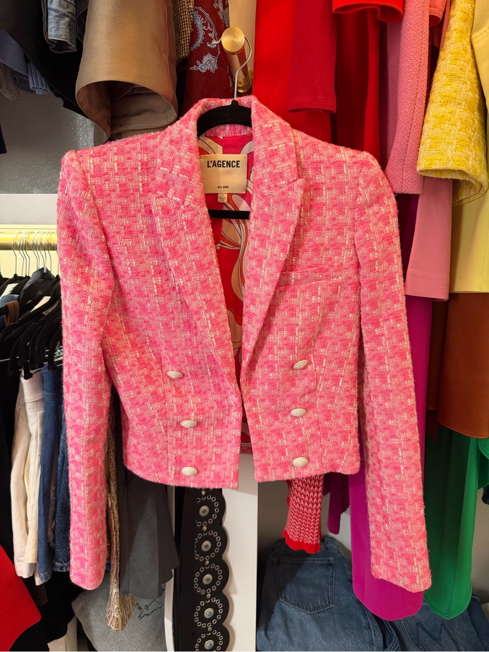 L'AGENCE Vibrant Pink Tweed Shawl-Collar Blazer